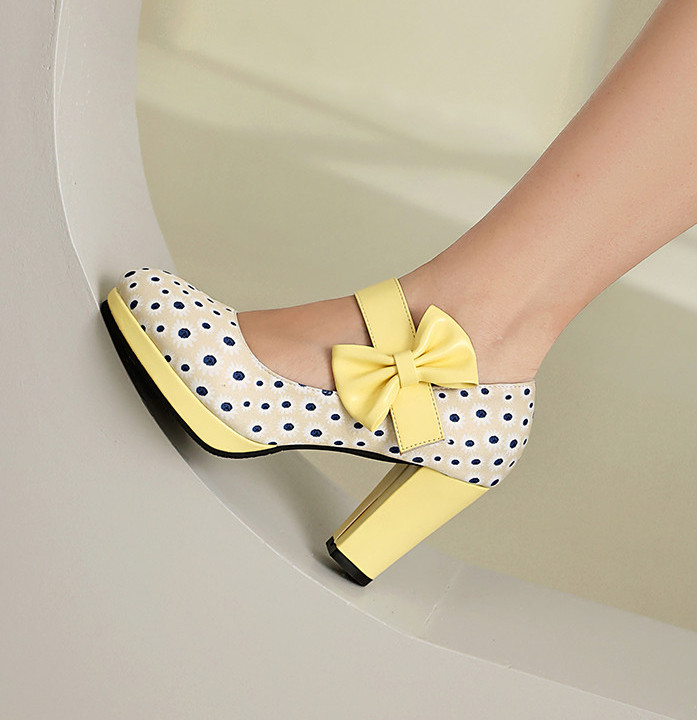 Women’s Bowknot Polka Dot Mary Jane Sweet Dress Party Casual High Heels OL Shoes