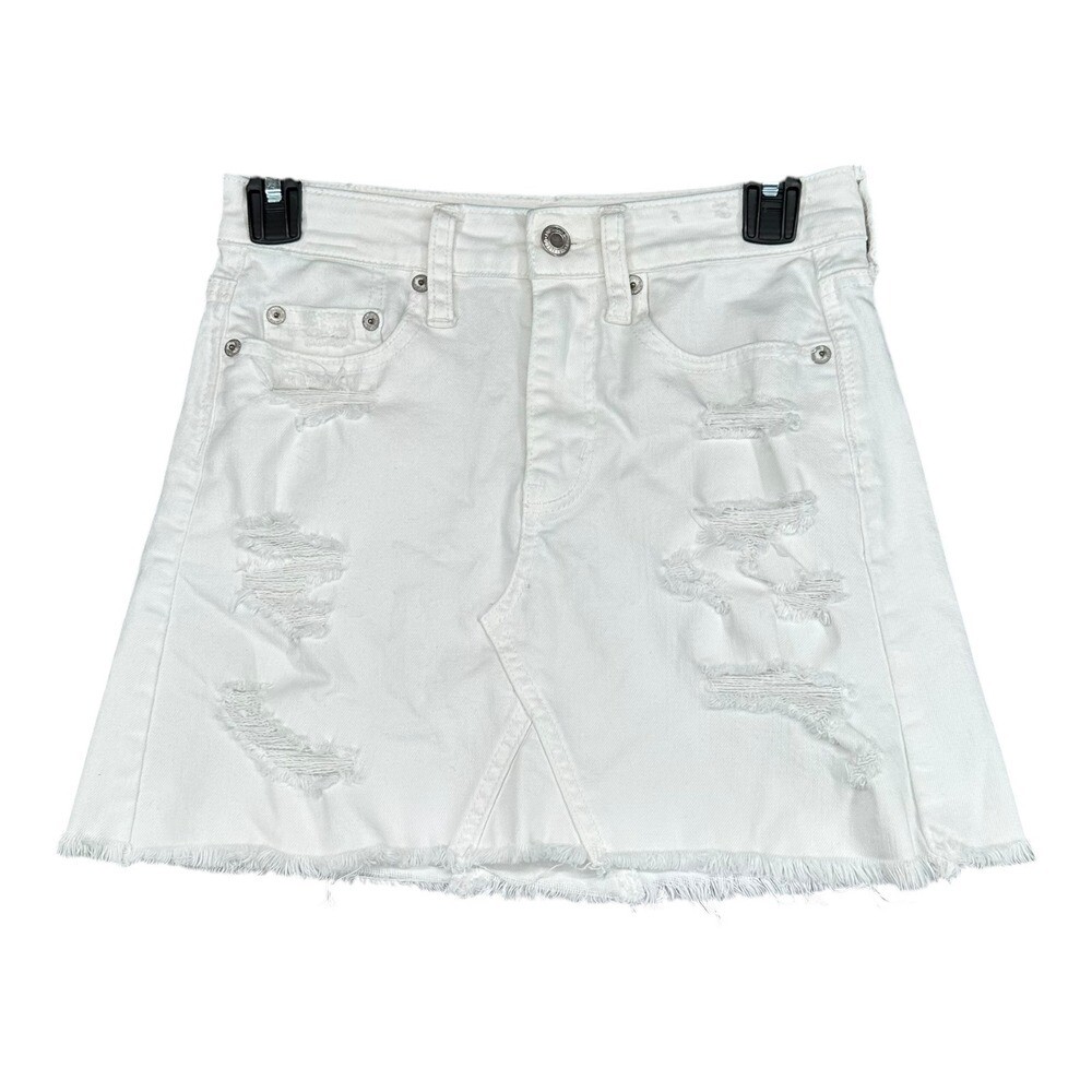 American Eagle Women’s 00 White Jean Denim Mini Skirt Stretch Distressed Boho