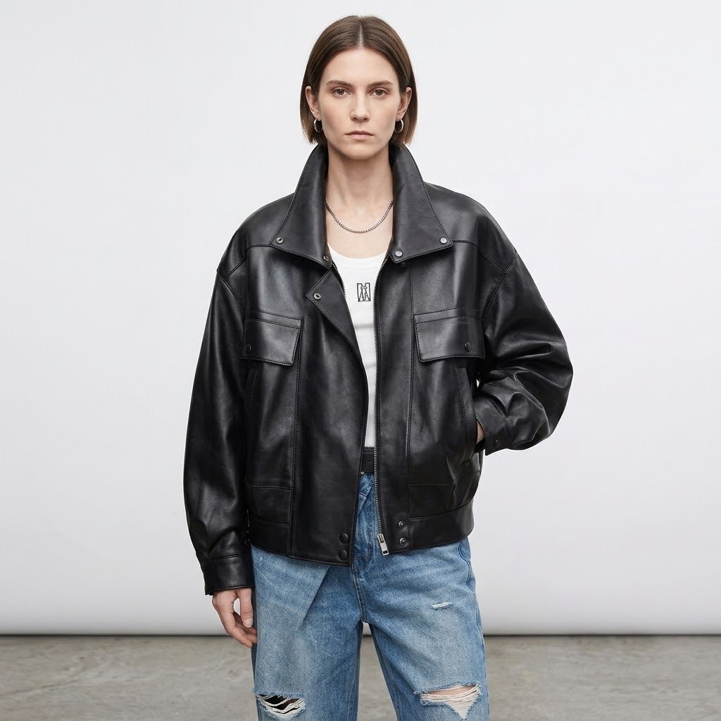 Women’s Black Leather Bomber Jacket Oversized Utility Style Real or Faux Leather
