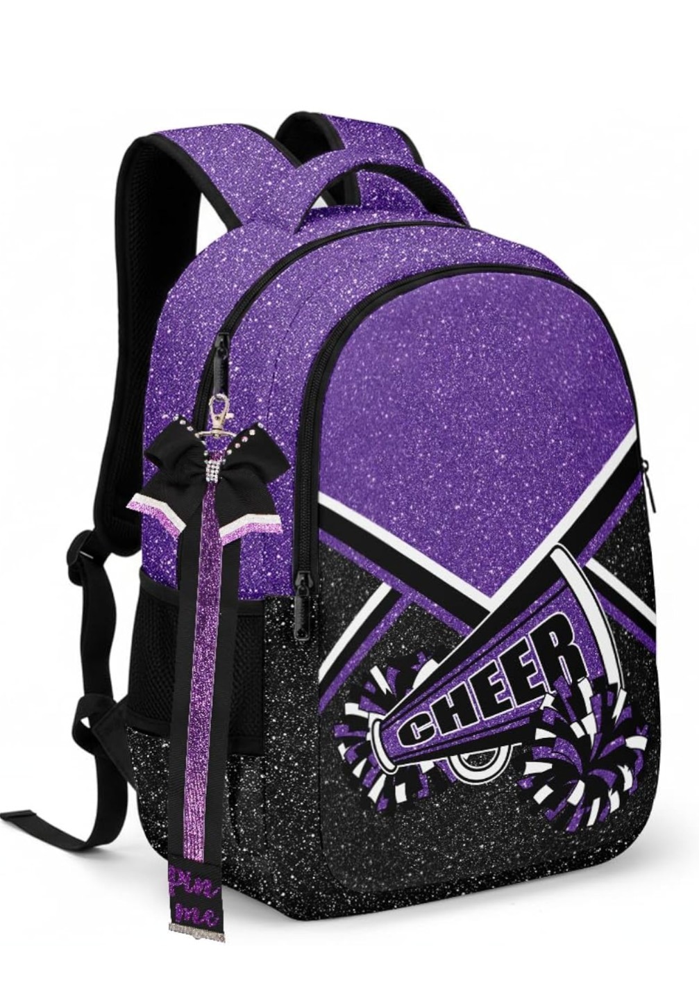 Purple Black Glitter Canvas Cheerleading Backpack 16.5×12.6in Side Mesh
