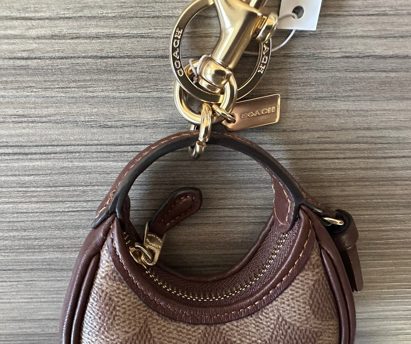 NWT Coach Signature Canvas Mini Carmen Bag Charm Coin Purse Gold Tan Brown CBK67