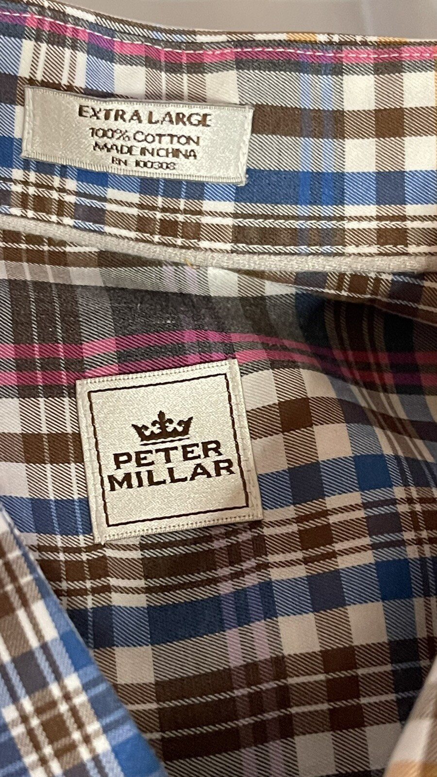 Mens Peter Millar Long Sleeve Plaid Button Down Dress Shirt Sz XL Brown Blue Tan