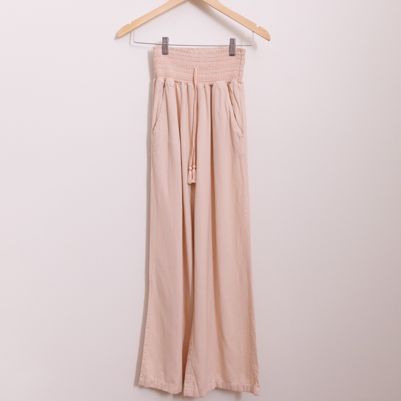 Rewash Wide Leg Smocked Waist Linen Blend Pants Blush Pink XS Boho Tassel Pants