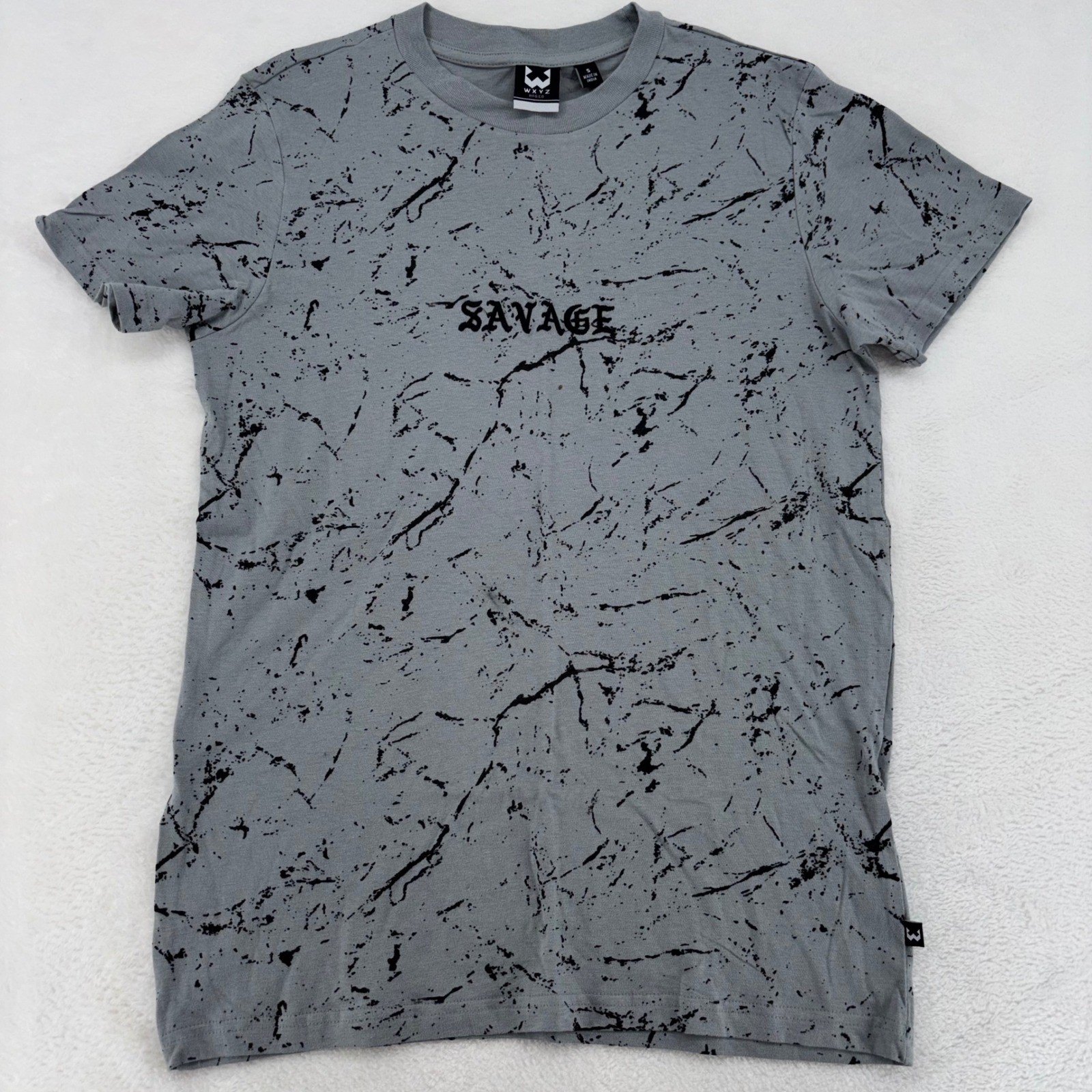 WXYZ HFGC0 Mens Savage Graphic T-Shirt Grey Black Marble Crackle Print Small