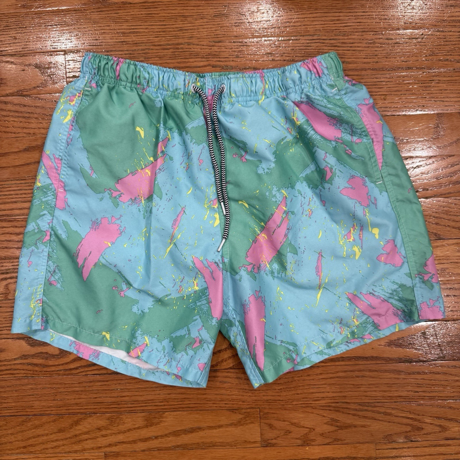 Boardies Swim Trunks 90s Retro Neon Abstract Splash Board Shorts Teal Pink Med