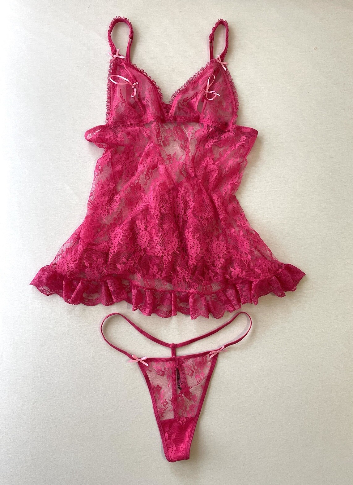 Vtg ’07 VICTORIAS SECRET Sexy Little Things PINK LACE M Teddy Babydoll Set RARE