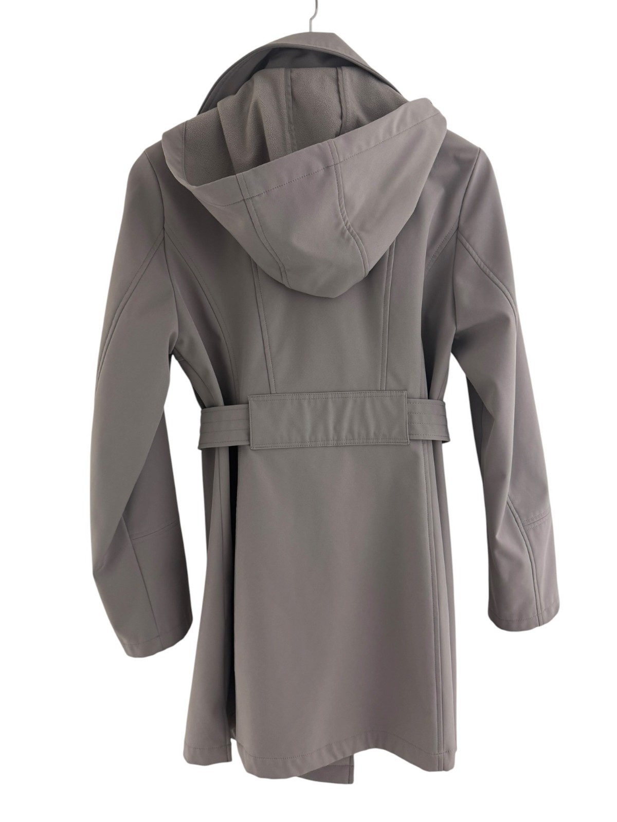 Via Spiga Soft Shell Asymmetrical Zip Belted Coat Gray Hooded Sz M Trench Jacket