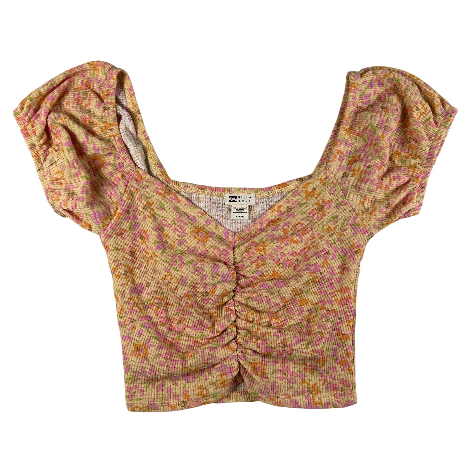 Billabong Shirt Womens Medium Pretty Sweet Multicolor Floral Cropped Puff Sleeve
