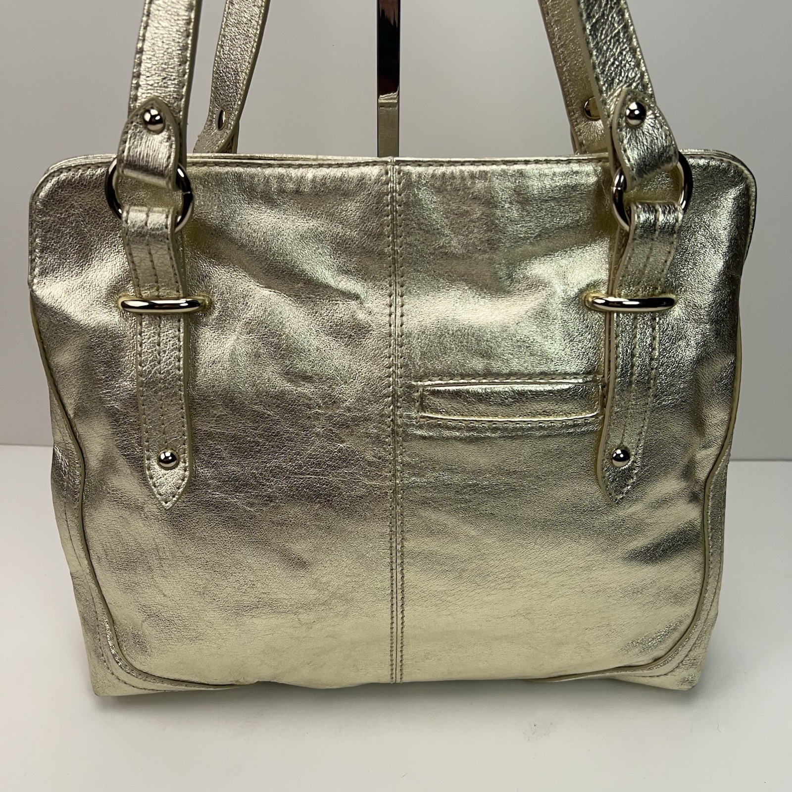 THE SAK Metallic Gold Leather Shoulder Purse Dividers Studded Hobo Handbag Bling