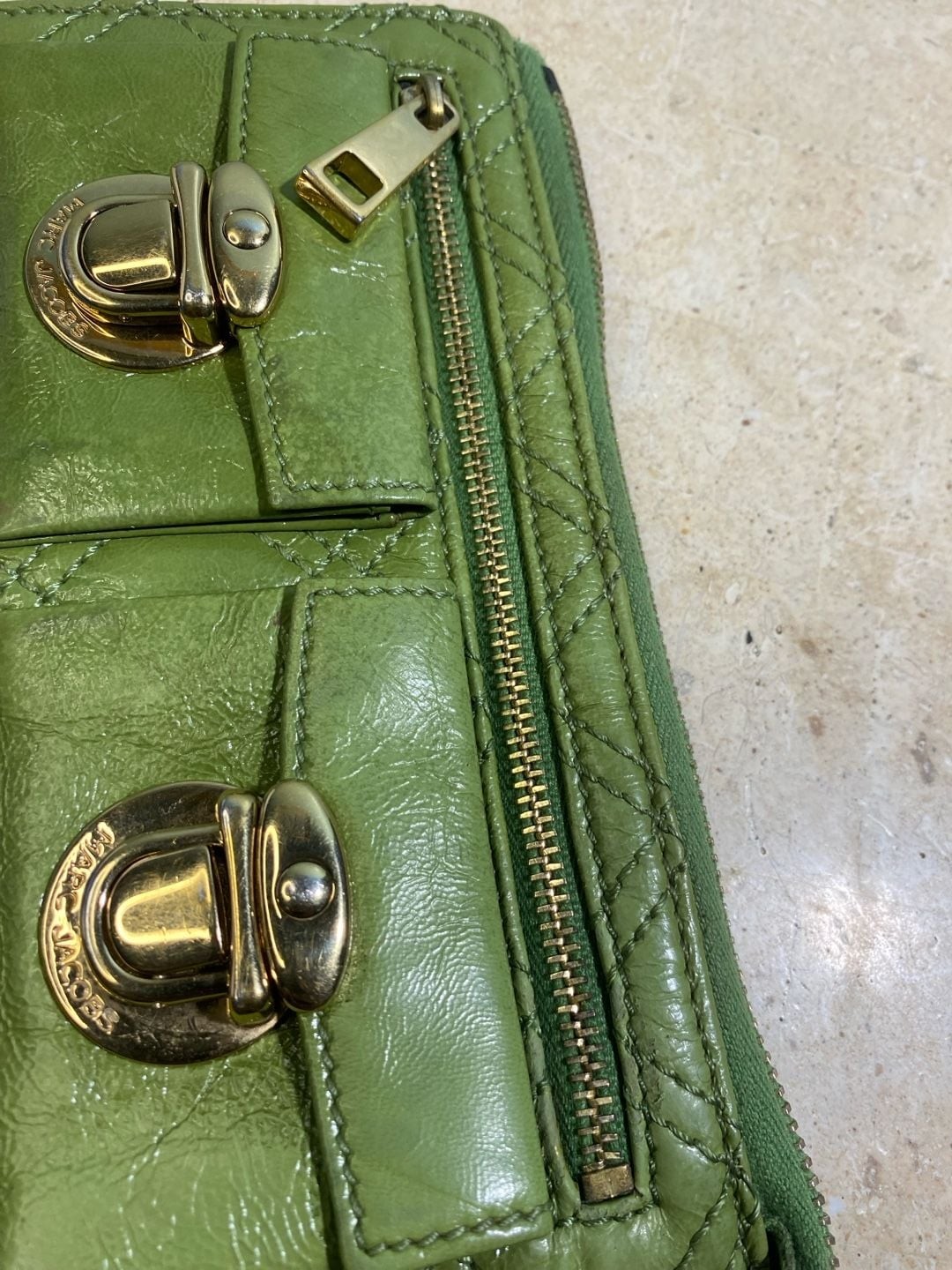 Marc Jacobs Vintage Green Quilted Leather Push Lock Double Pocket Zip Wallet