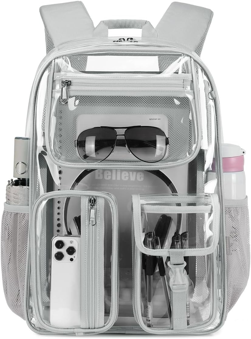 Heavy Duty Clear Backpack 16x11x5 TPU Stadium See Through Bookbag Grey
