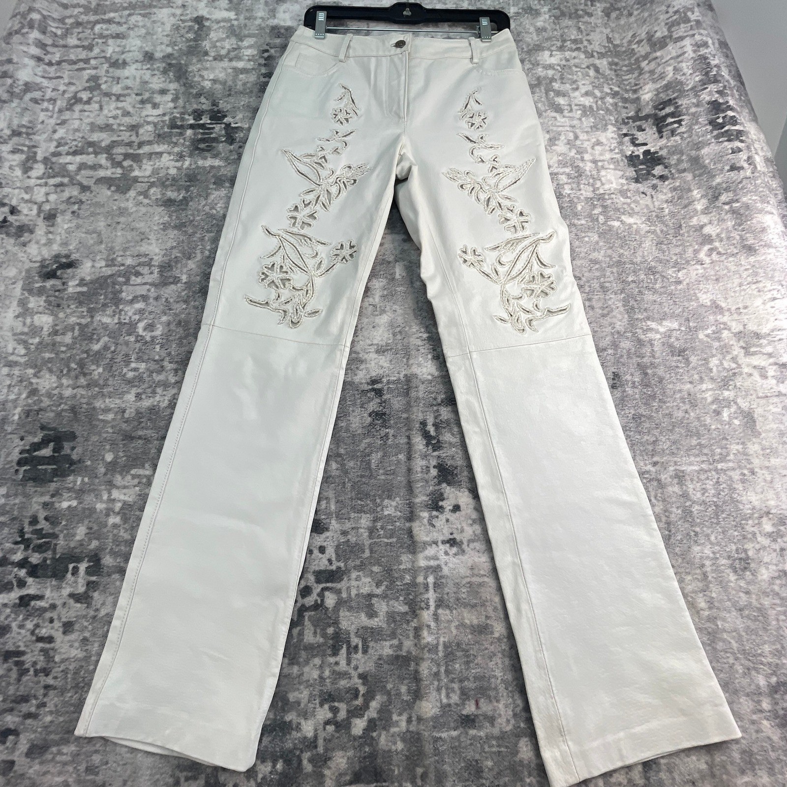 Vtg Newport News Womens 4 Leather Pants Y2K Bootcut Cream Embroidered Floral