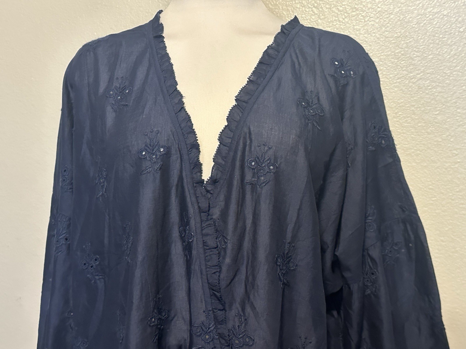 NWT J.JILL Everyday Blouse 3/4 Sleeve Peplum Ruffle V Neck Navy Eyelet Women XLT