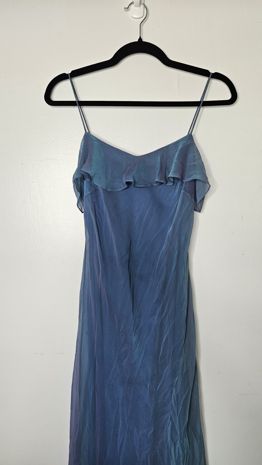 Y2K Vtg Iridescent Blue/Purple Ruffle Dip Hem Dress Gown Wedding Prom Sz 4