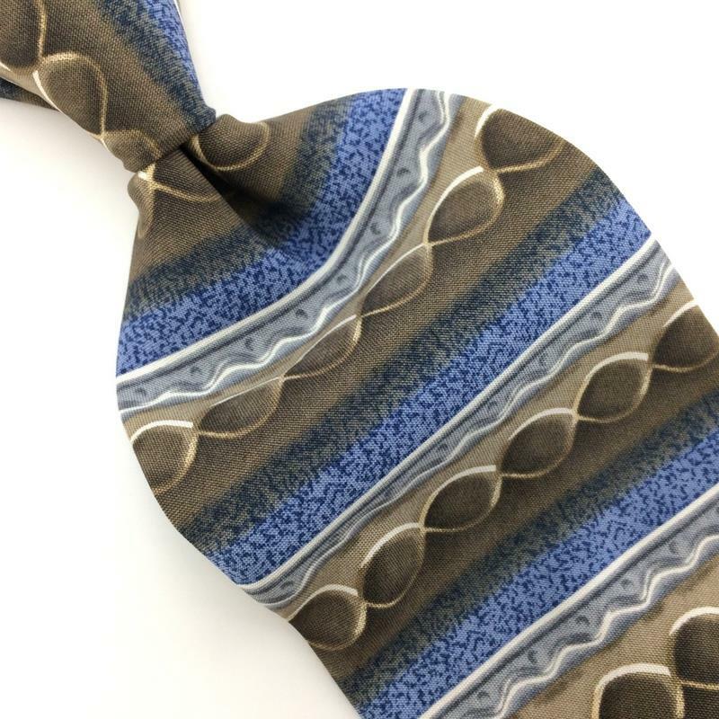 Mezzano USA Tie Sandwashed-Silk Necktie Oval Waves Stripe Brown Blue Tan I19-82
