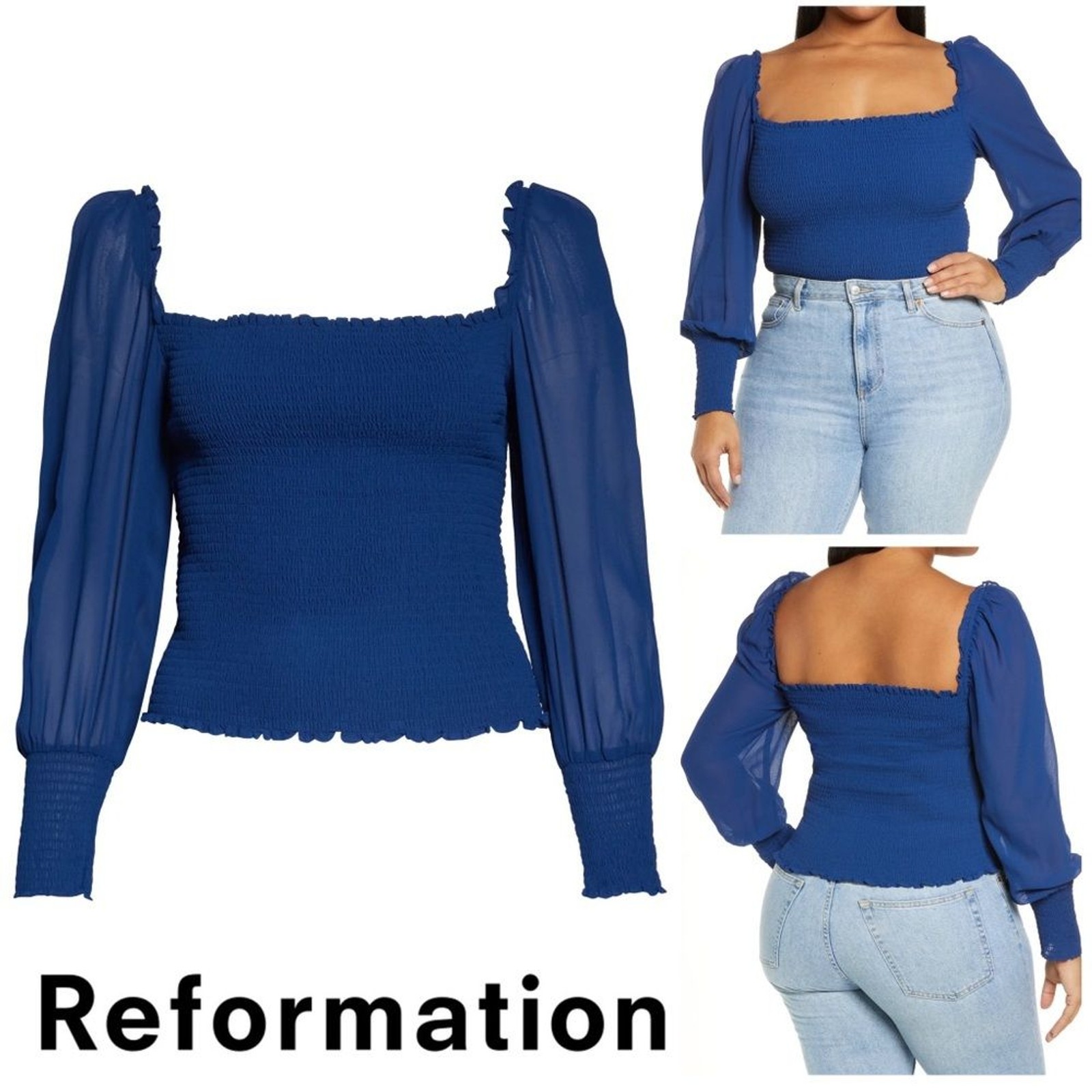 Reformation NWT $148 1X Pinto Smocked Long Puff Sleeves Top Es in Caspian Blue