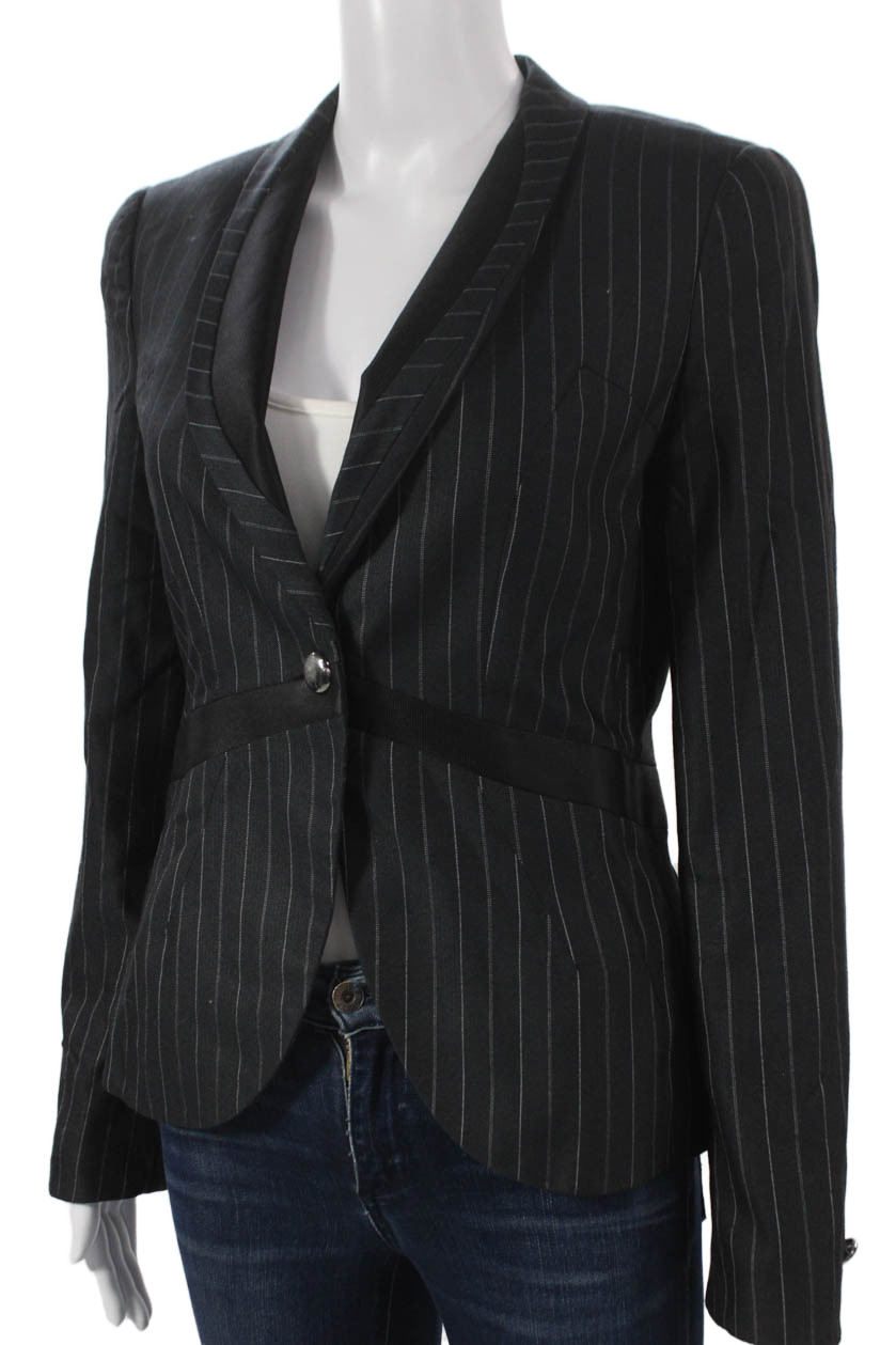 Not Available Womens Blazer Black Cashmere Pinstripe Button Long Sleeve Size 40