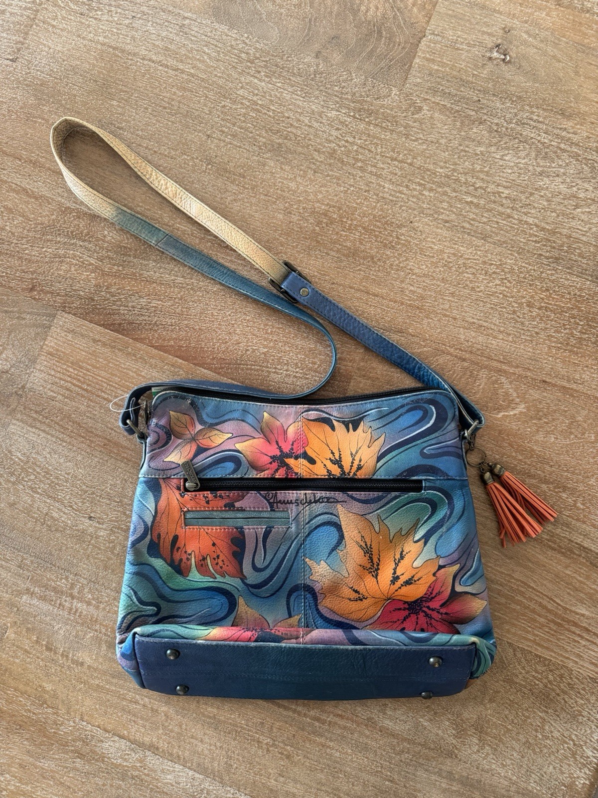 Anuschka Painted Floral Multicolor Crossbody Bag Zip, Lined, Tassel Charm