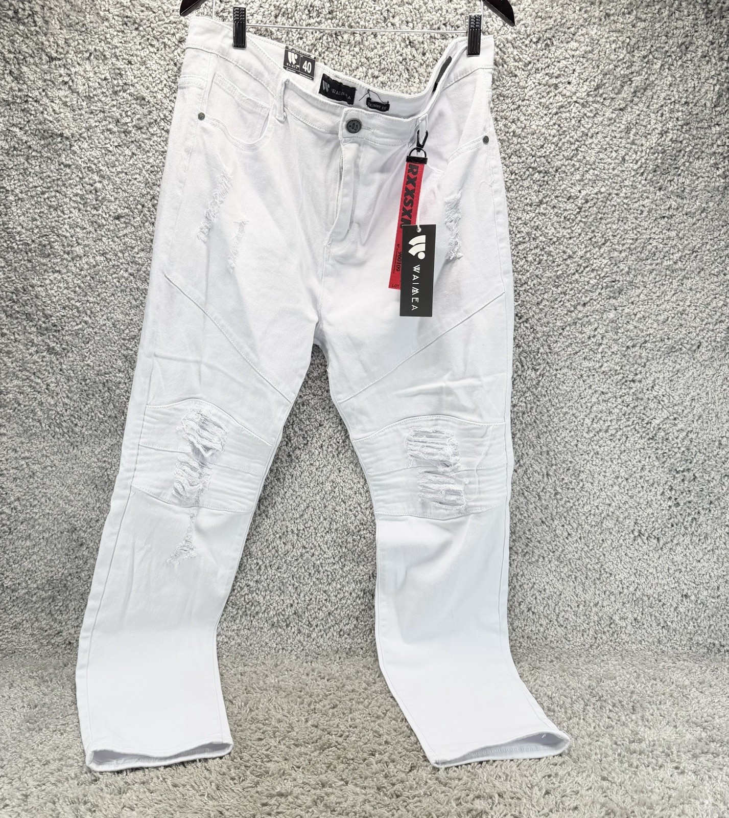 Waimea Men White Biker Jeans Skinny Fit Distressed Ripped Moto Twill Pants Sz 40