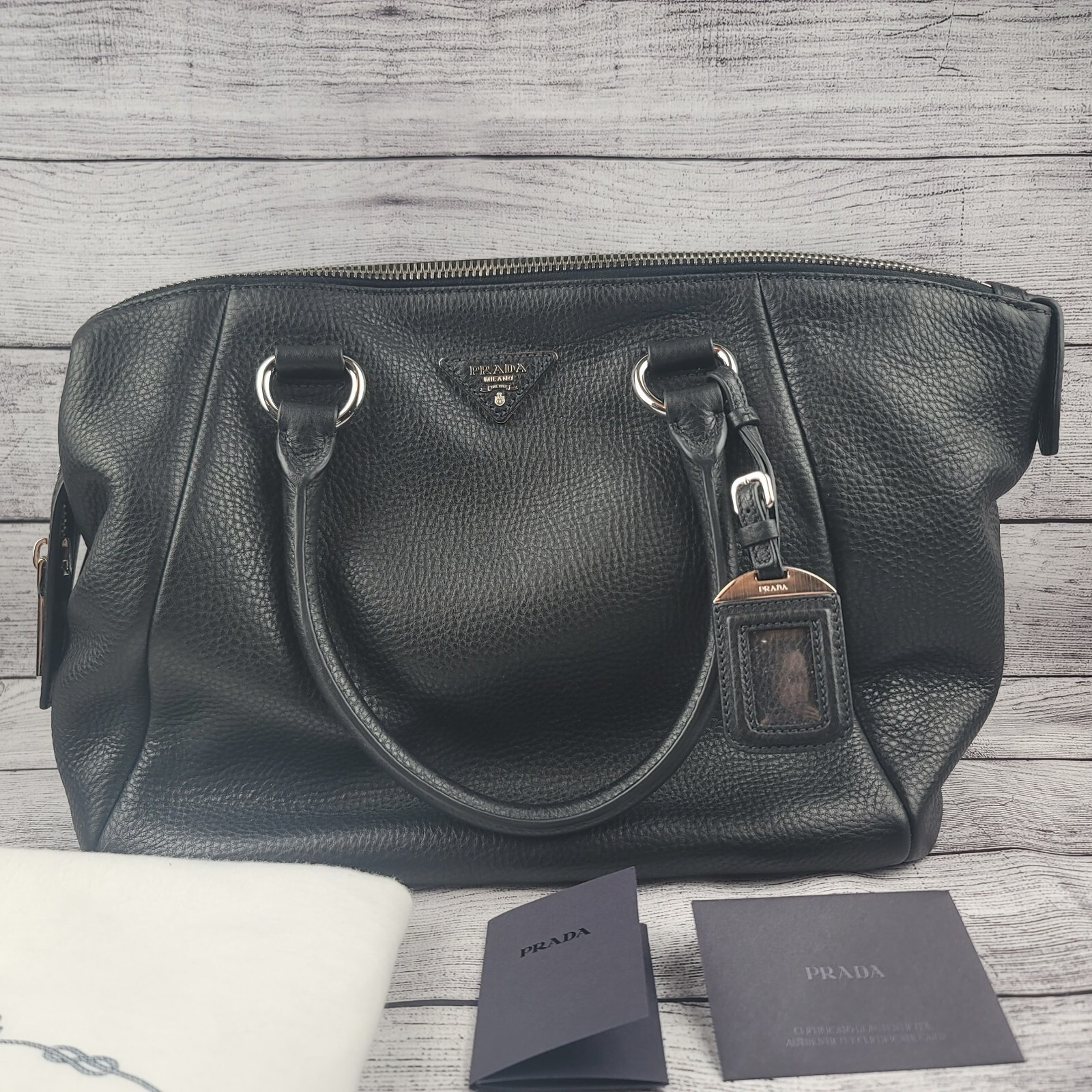 Prada Vitello Daino Black Leather Satchel Bag BR5128 Nero Silver Hardware