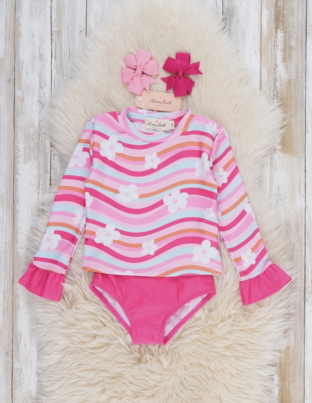 Size 6/12 Mo. Girls 2-Piece Rash Guard Swim Set Vibrant Pink Flowers