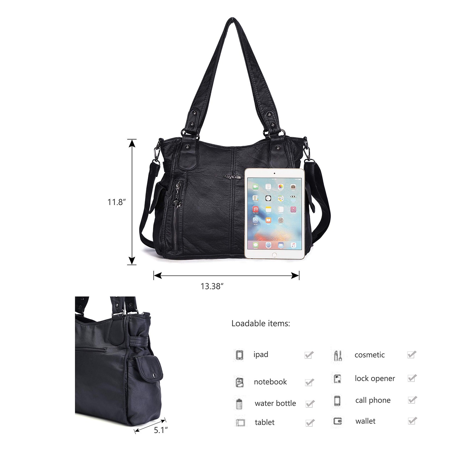Handbag Hobo Women Shoulder Bag/Handbag Roomy Multiple Pockets Large, A-black