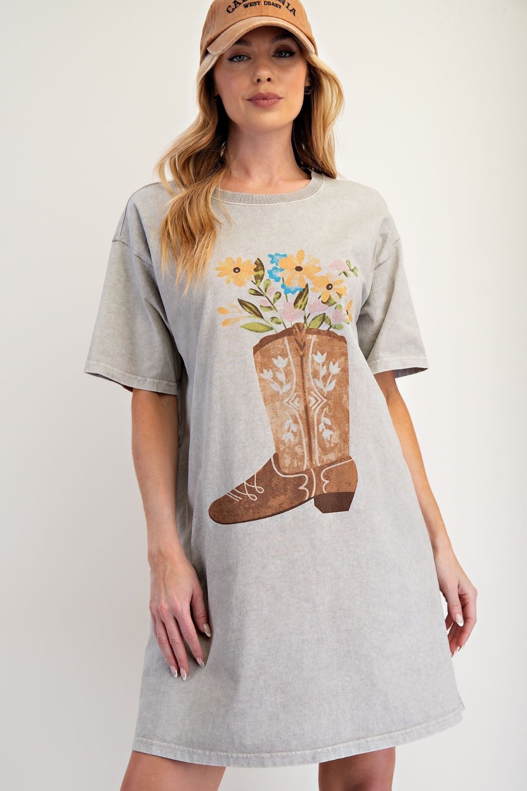 New Easel Boot Flower Cotton Tunic Dress Relaxed Fit Plus Size 2X Gray T Shirt