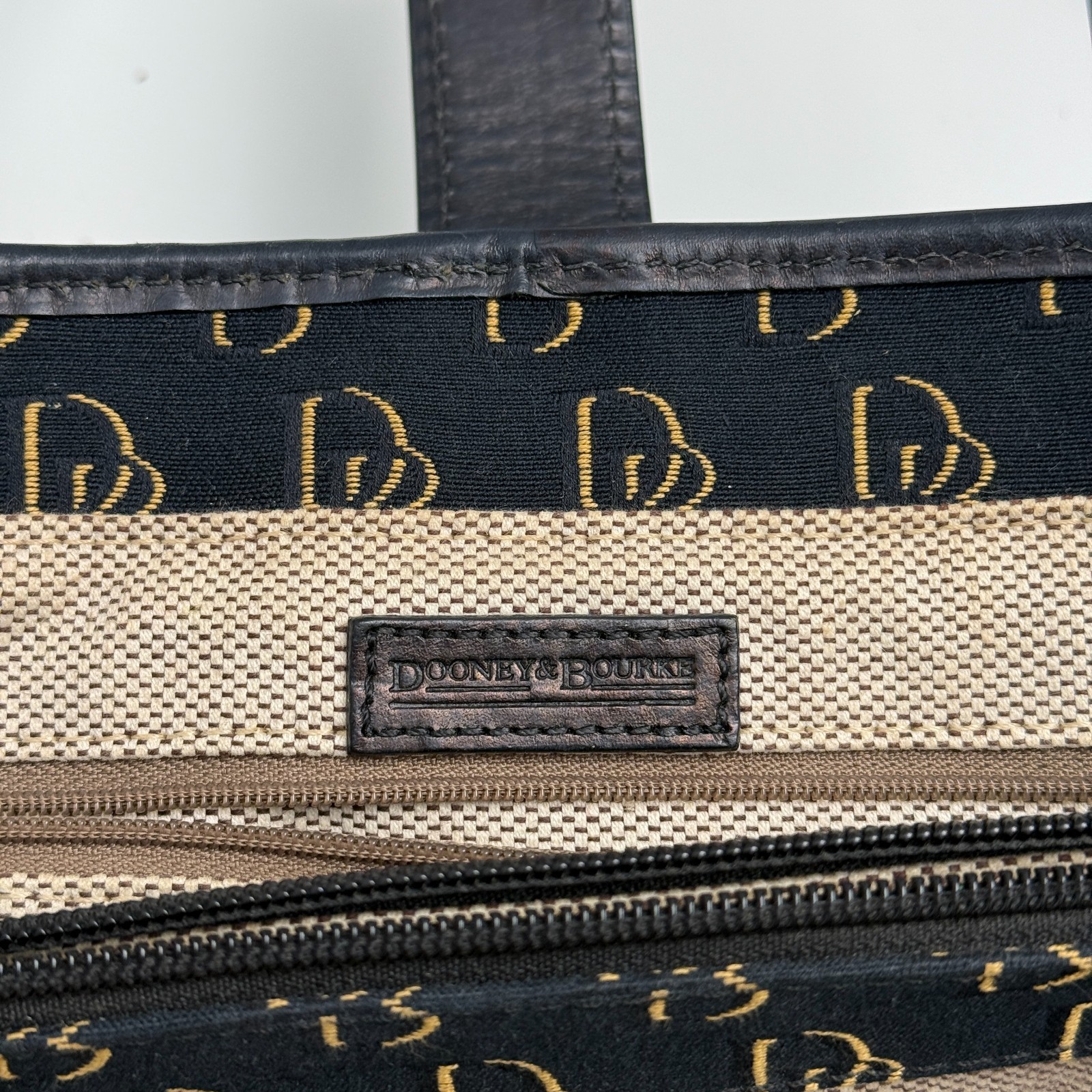 Dooney & Bourke DB Monogram Satchel Purse Black Gold Leather Trim Push Lock