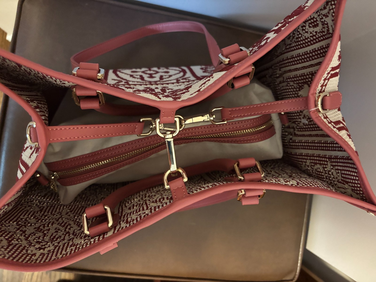 Viola Castellani Woven Fabric Leather Women Tote Shoulder Bag Burgandy Color