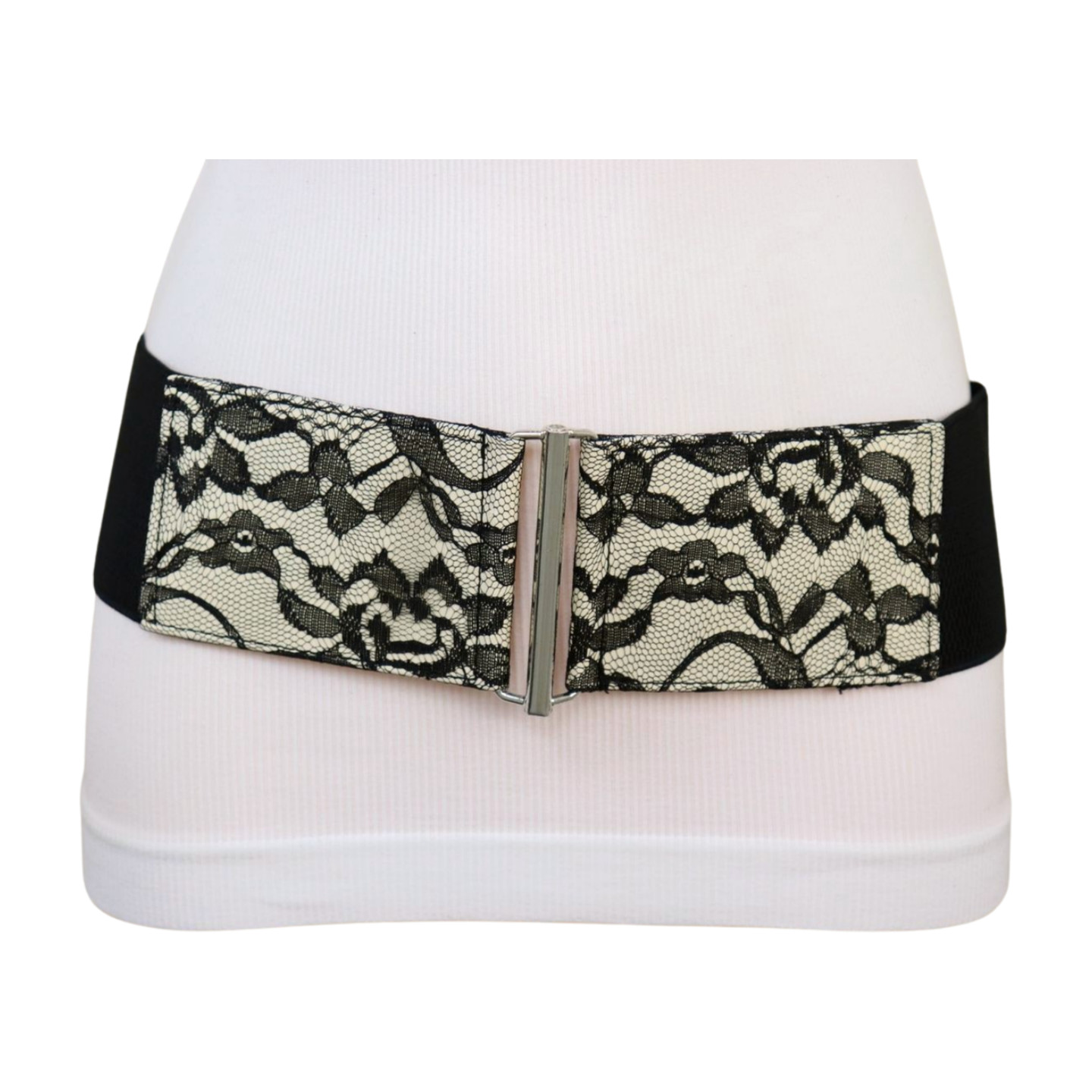 Women Black Wide Elastic Waistband Fresh Look Belt Hip Waist Flower Lace Fit S M