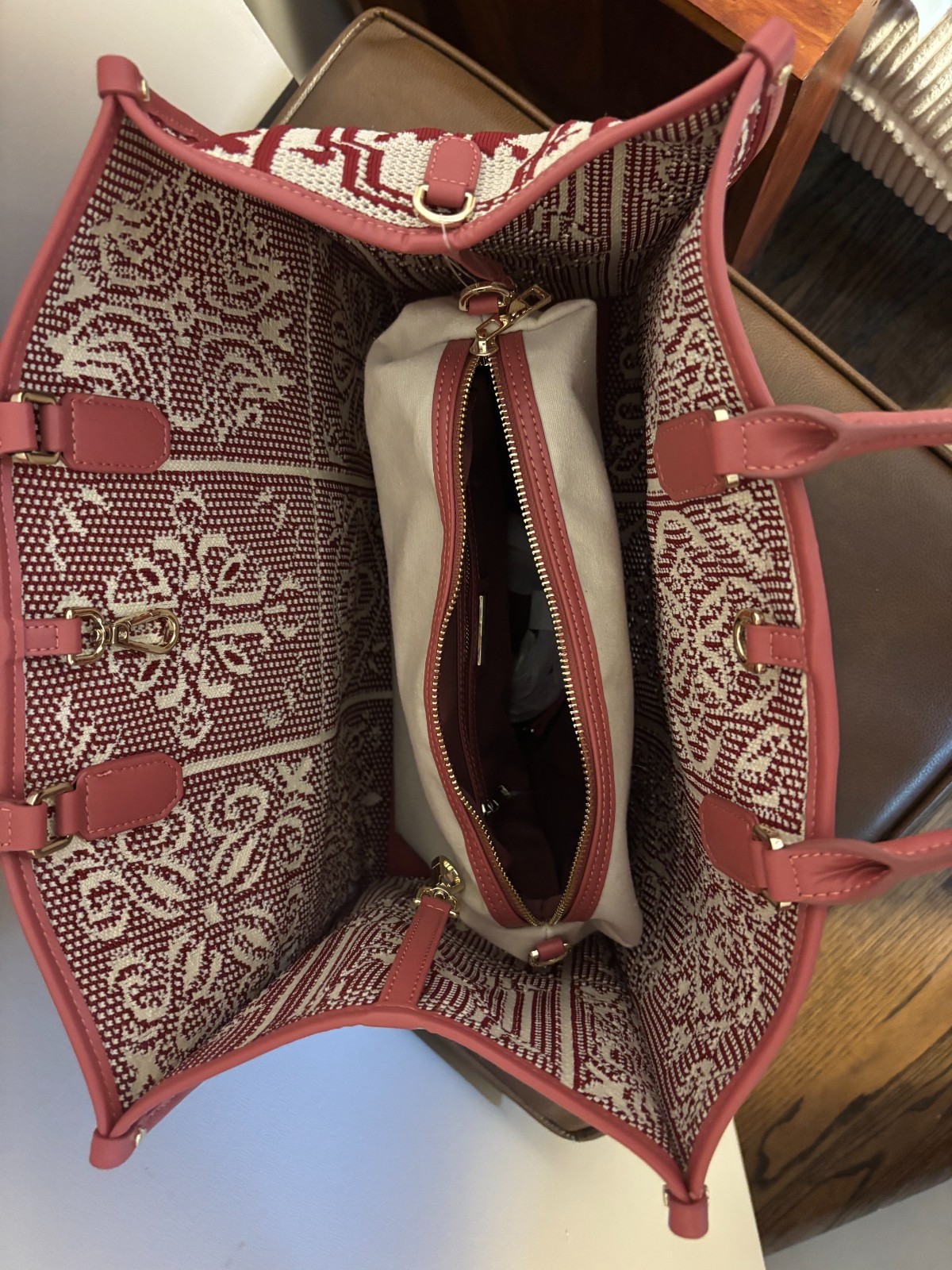 Viola Castellani Woven Fabric Leather Women Tote Shoulder Bag Burgandy Color