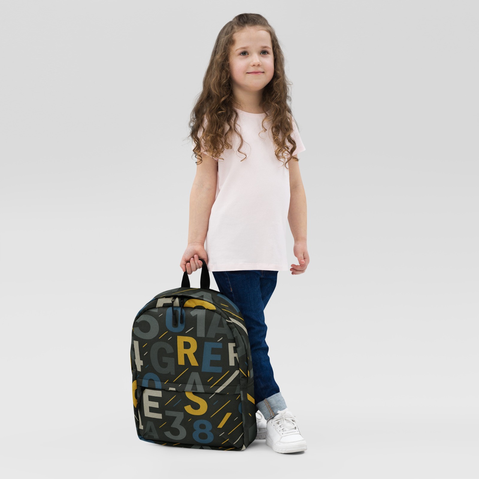 Grey Letter Print Backpack, Aesthetic Typography Design, School & Travel Bag