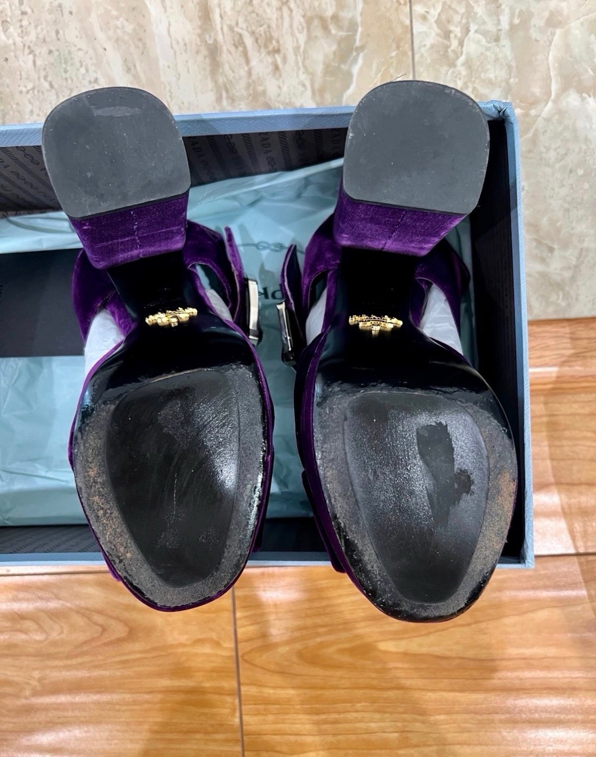 Prada Purple Velvet Rhinestone Buckle Platform Open Toe Ankle Strap, 37.5