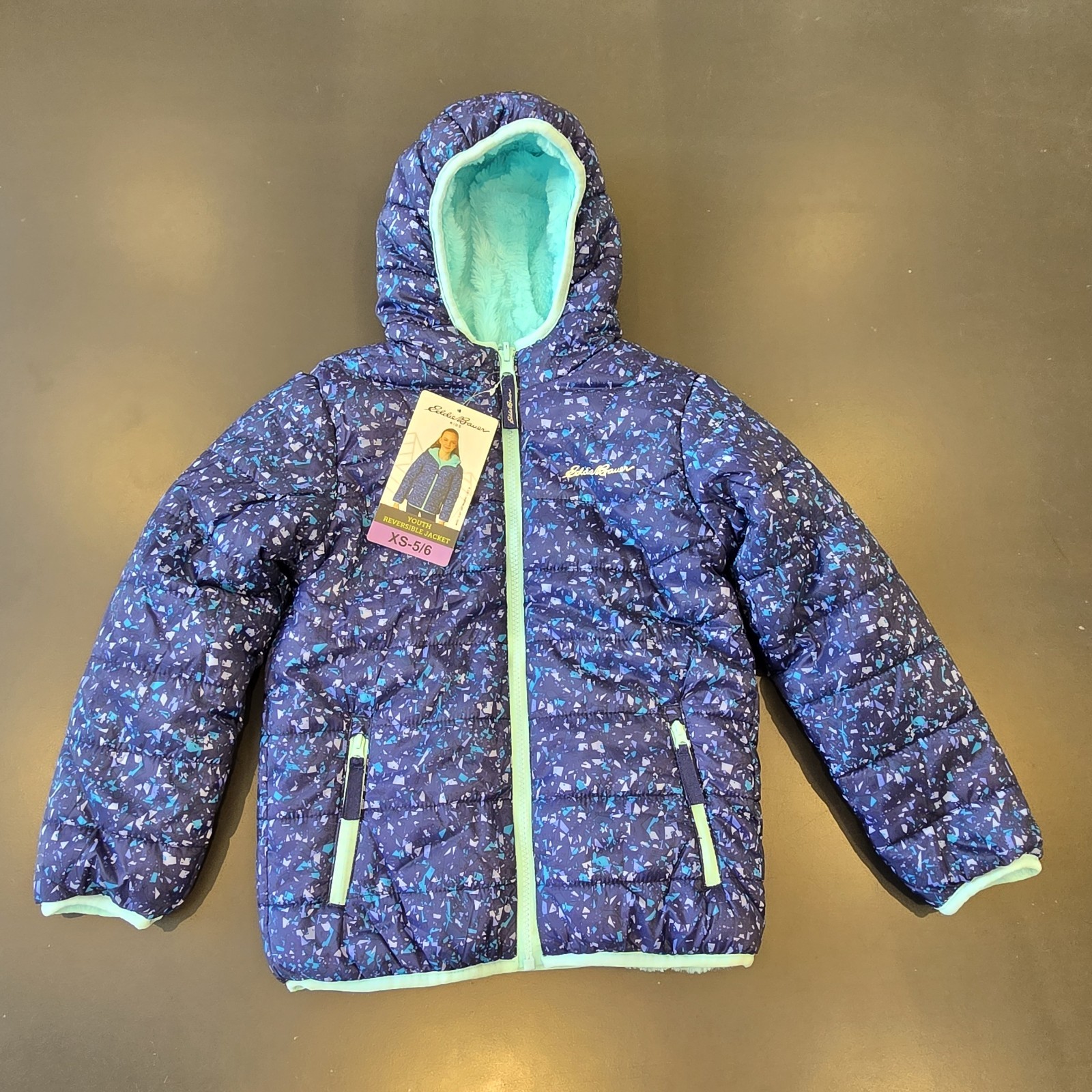 Eddie Bauer Puffer Jacket Girls XS 5/6 Blue Reversible Hooded Lined Full Zip New