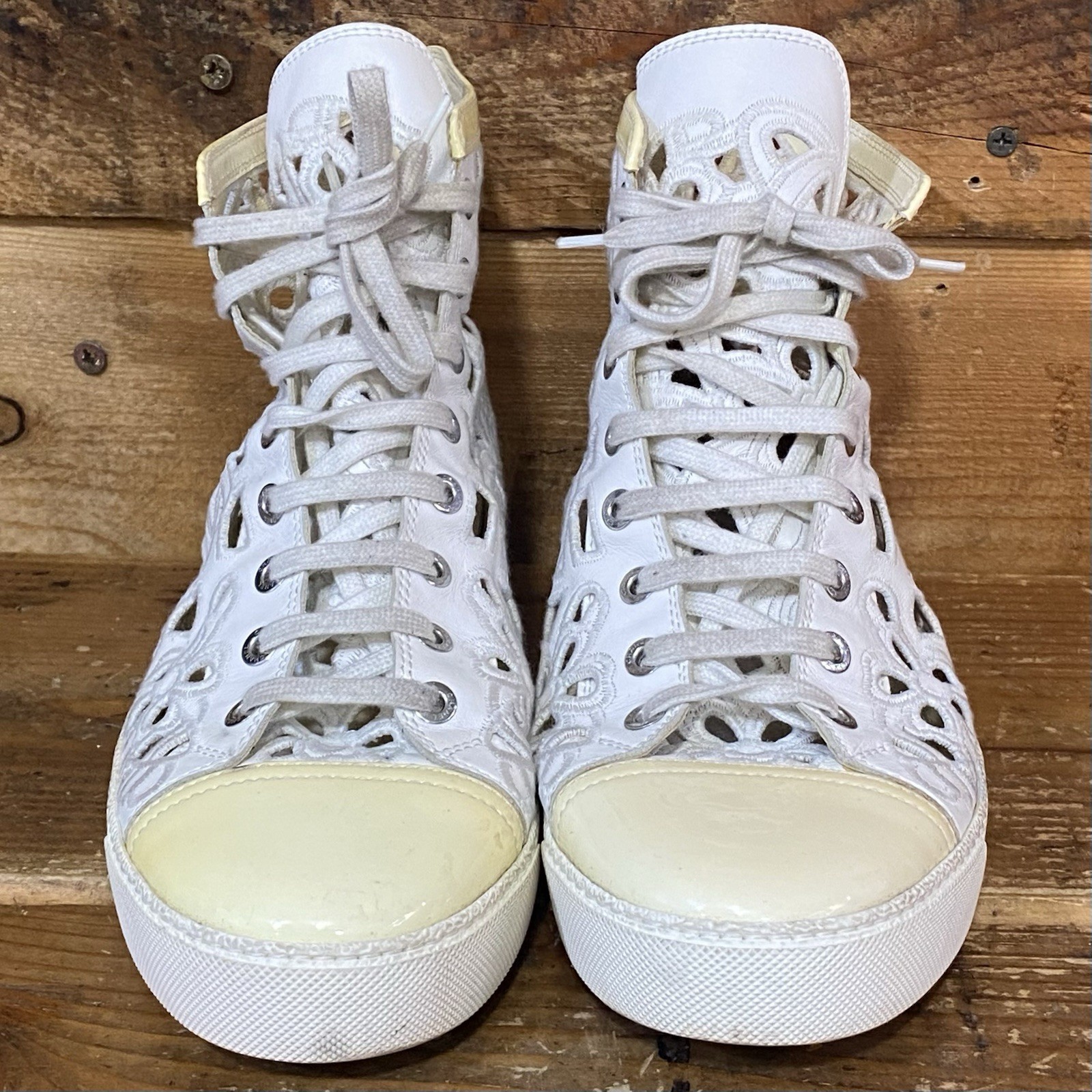 CHANEL Beige Patent Leather Laser Cut Floral Hi top Sneakers Women Sz 39 Italy