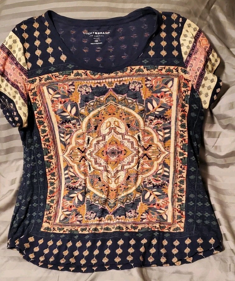 LUCKY BRAND Women’s short-sleeve Boho cotton blend navy t-shirt tee – 1XL