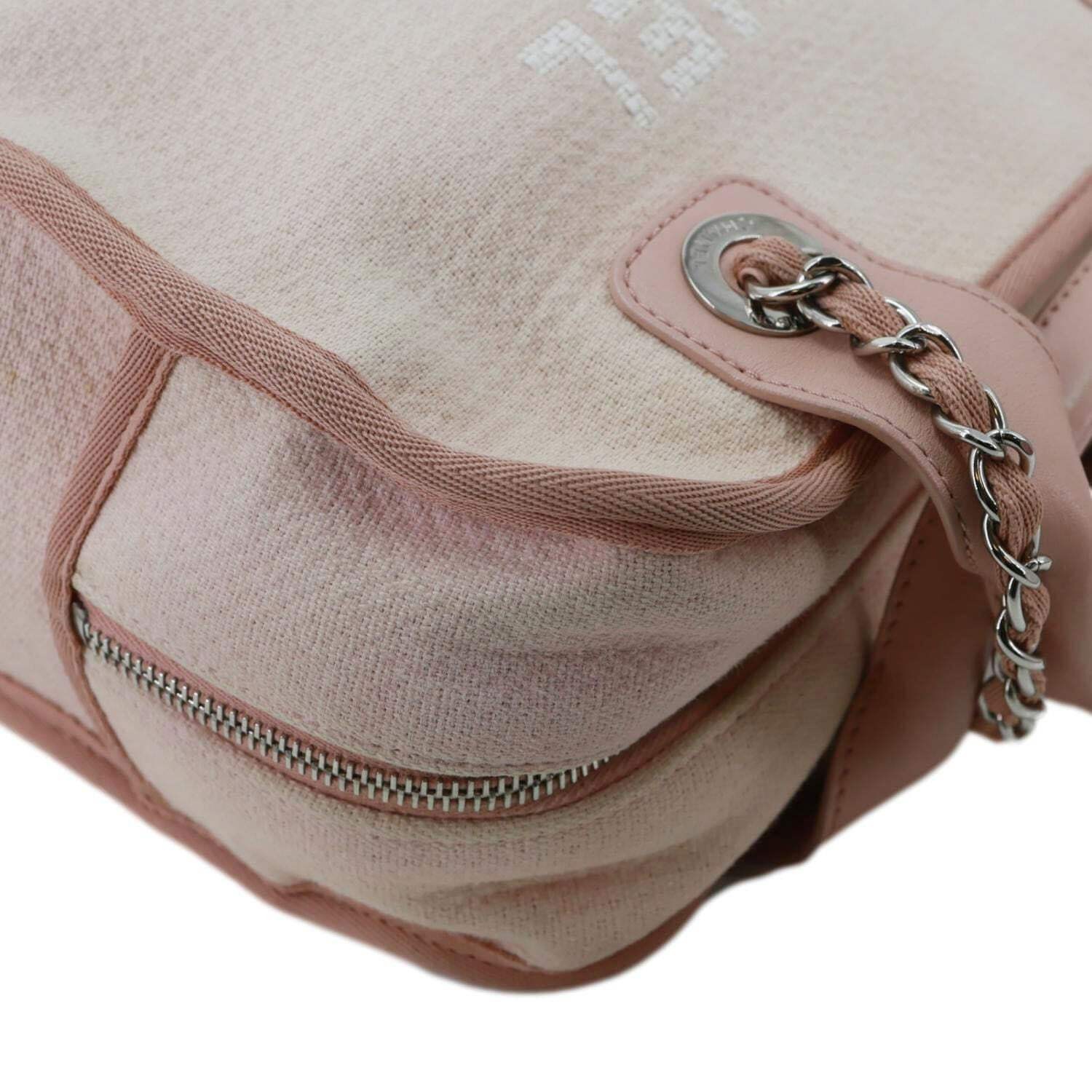 CHANEL Deauville Canvas Leather Bowling Shoulder Bag Light Pink