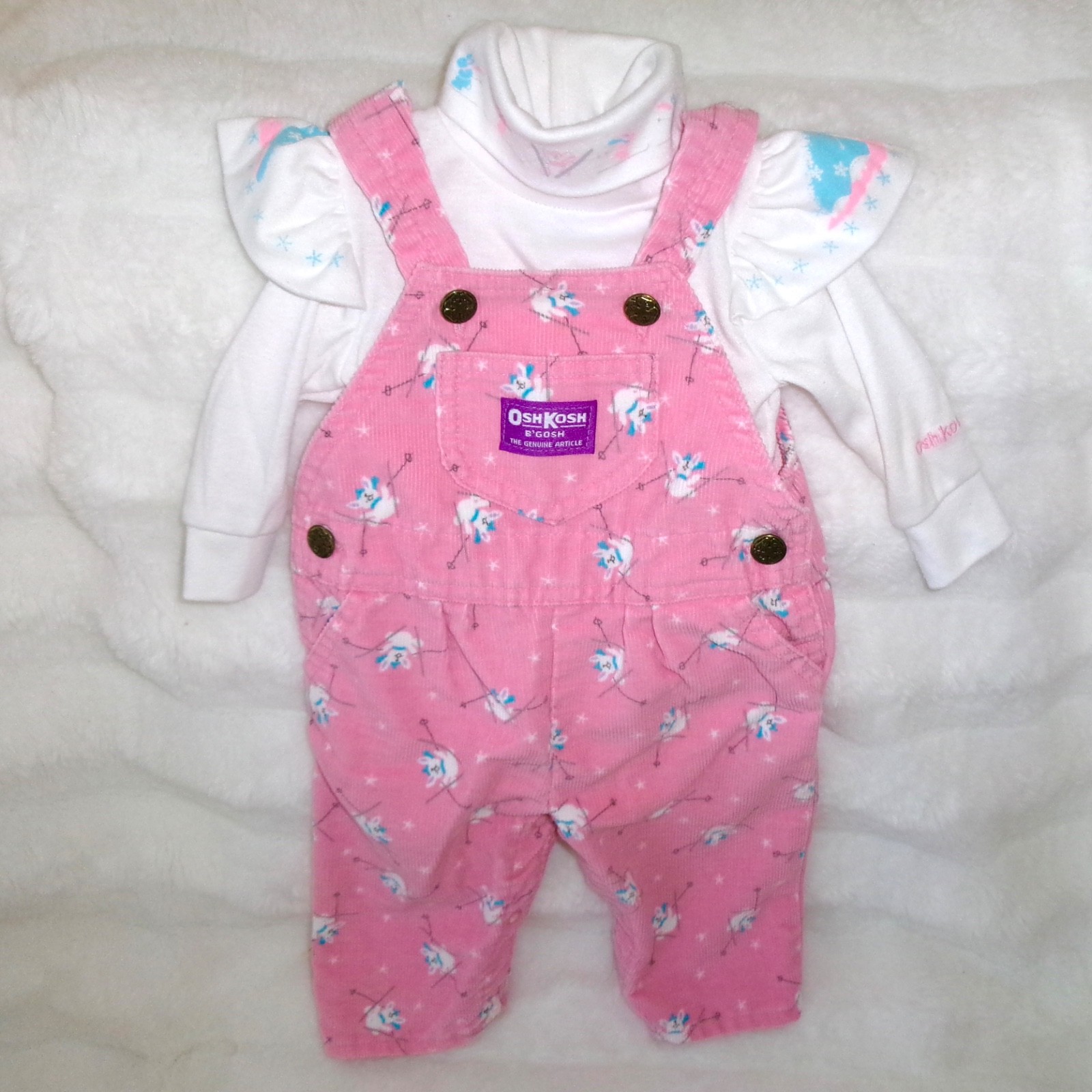 VTG Oshkosh B’Gosh Corduroy Overalls Outfit Baby Girls Size 3-6 Mo. Ski Bunny