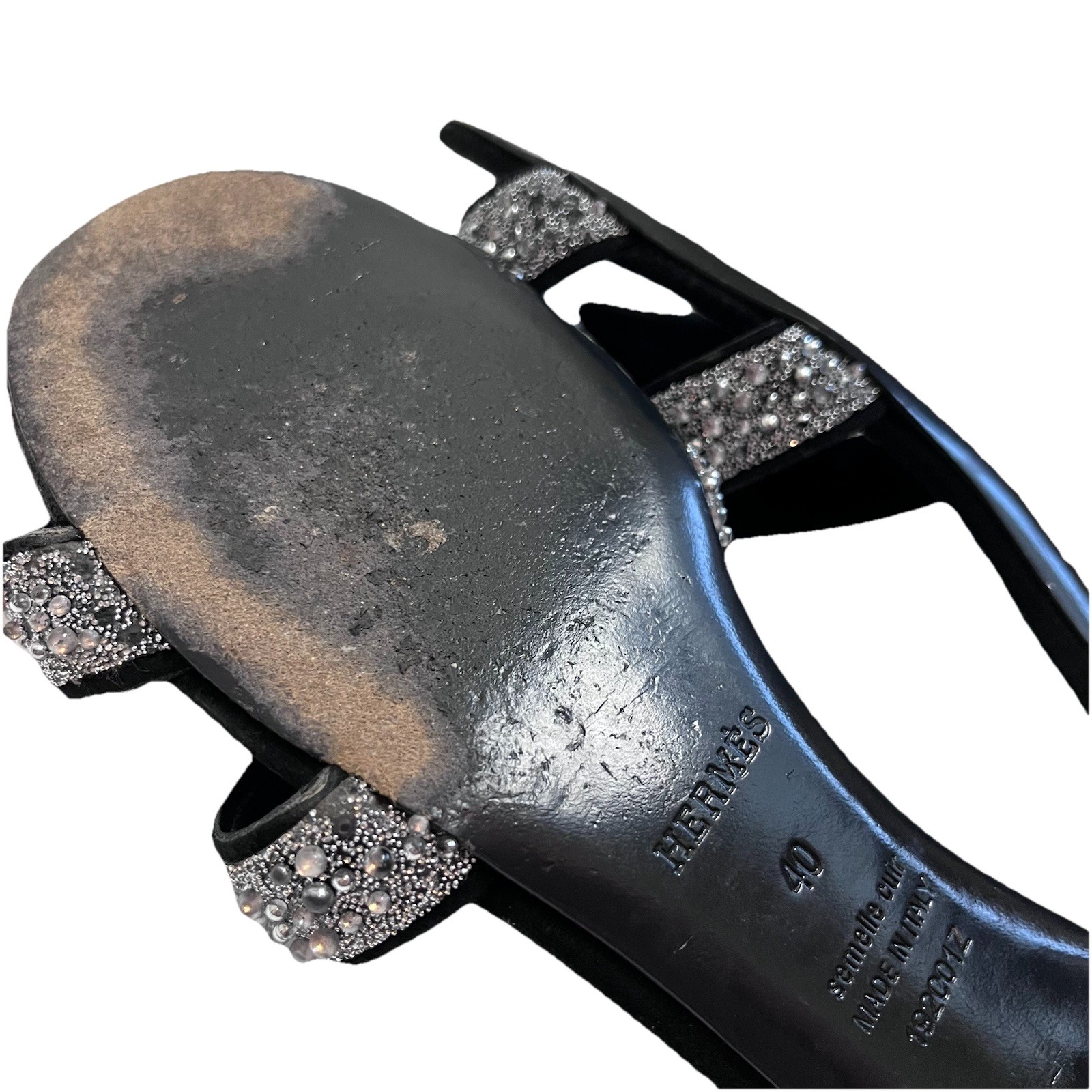 Hermès Oran Crystal Heeled Mule Sandals Black Leather 40 Silver Glitter Heels