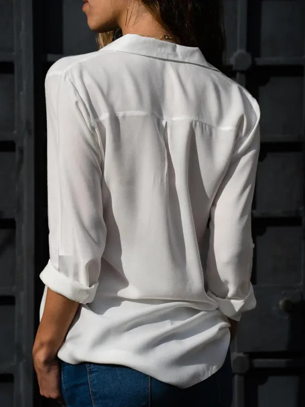 Women Elegant Solid Chiffon Blouse Spring Summer Casual Long Sleeve V Neck Loose
