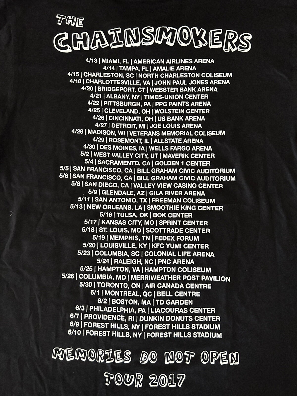 THE CHAINSMOKERS Memories… Do Not Open 2017 Tour T-Shirt 2XL Electronic Pop