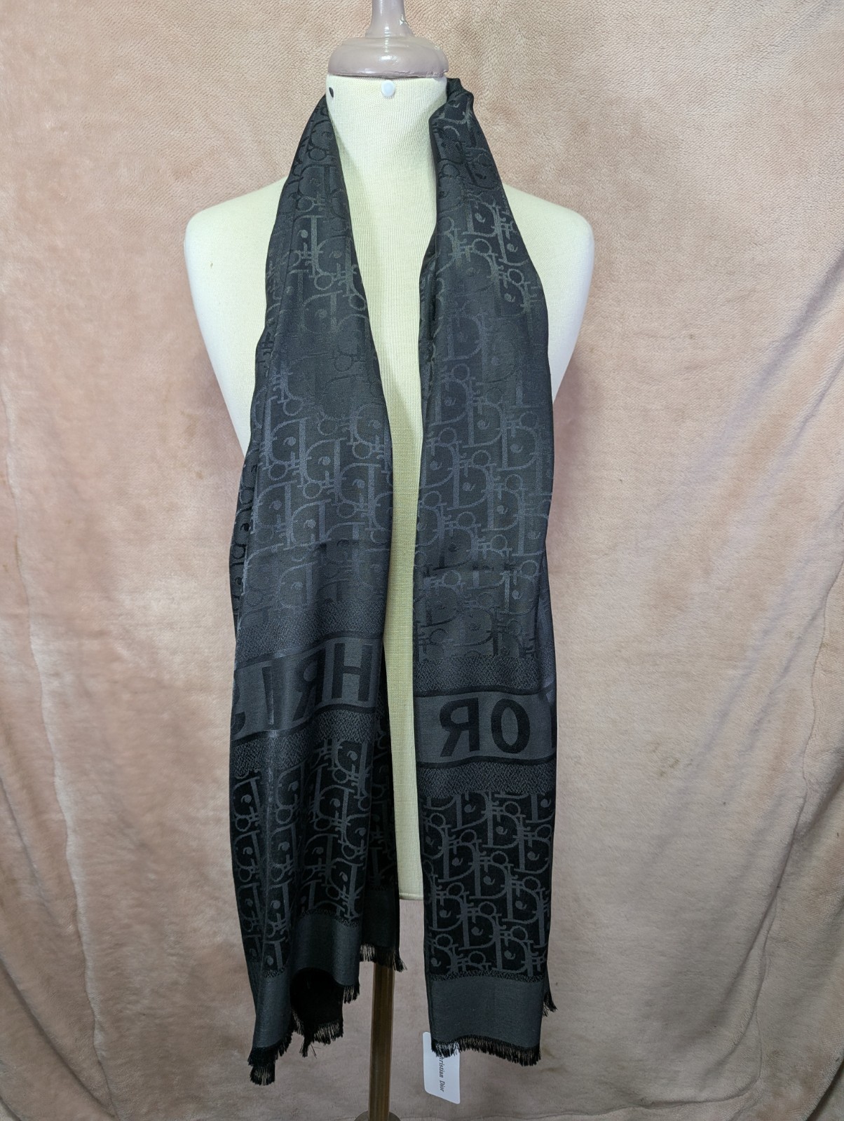 Auth Dior Scarf Shawl Stole Wrap 65% Cashmere 35% Silk Black Used