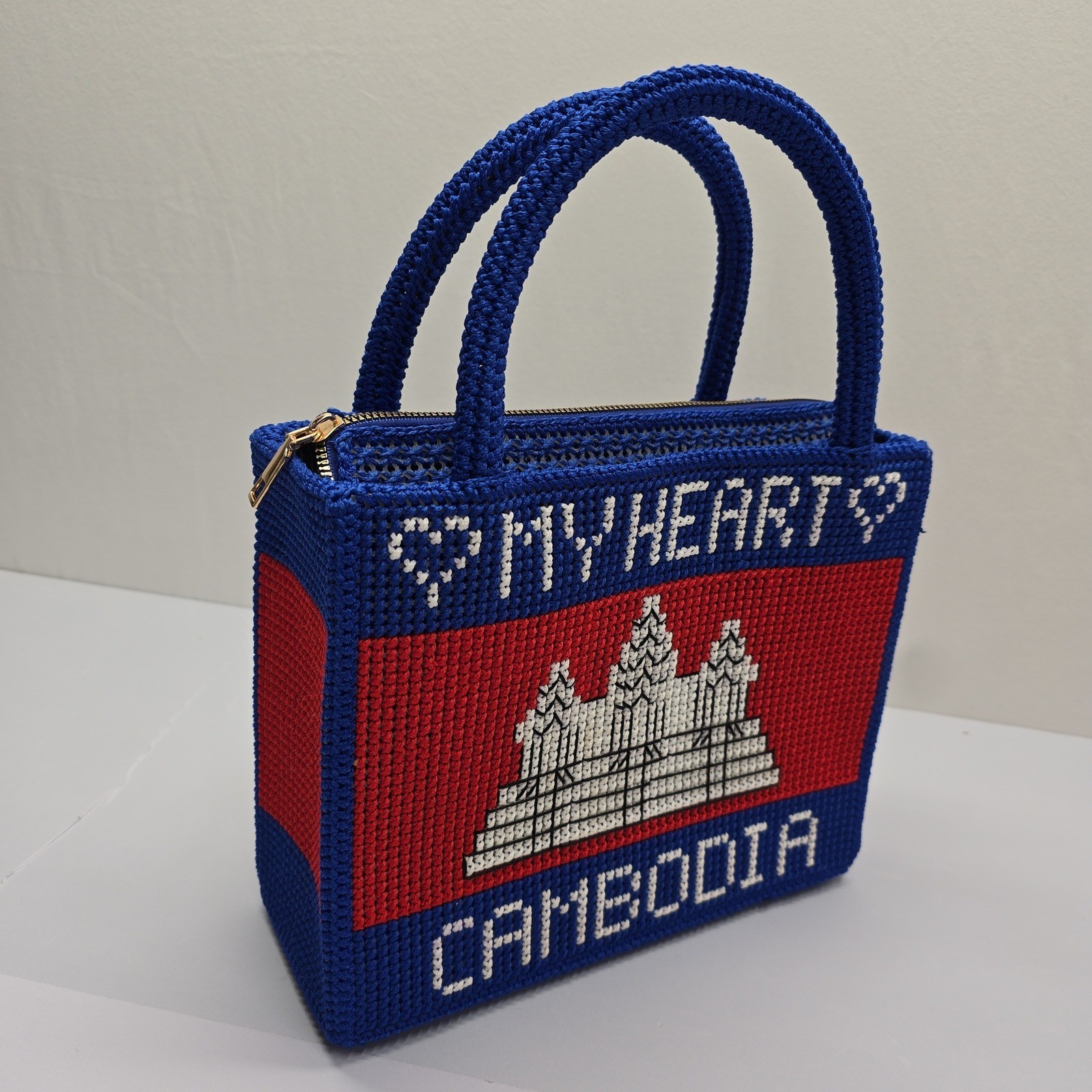 Cambodia My Heart Angkor Wat Needlepoint Top Handle Bag Blue Red Souvenir