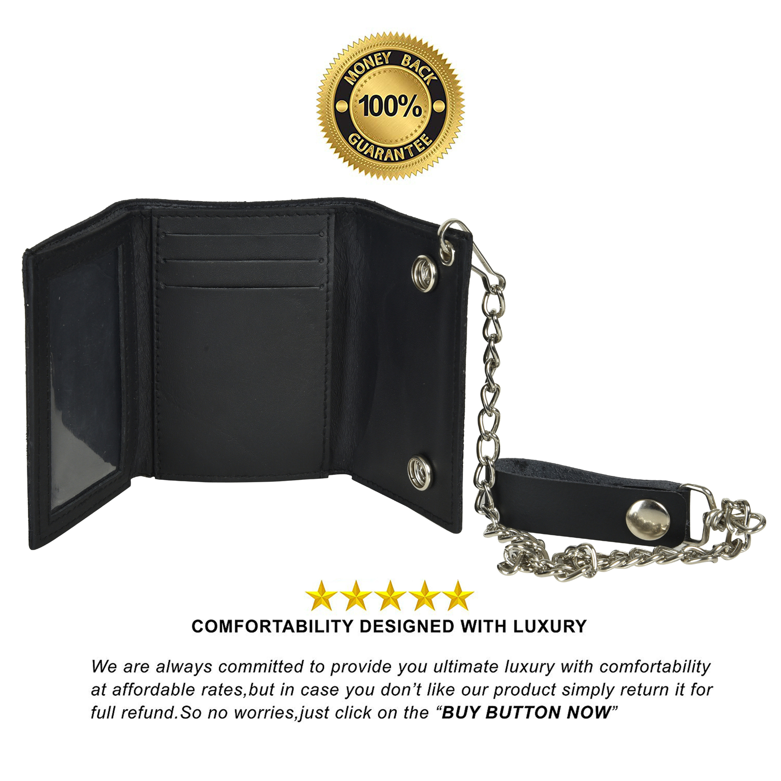 Leatherboss Genuine Leather Men’s Trifold Wallet with Chain Biker Trucker ,Black