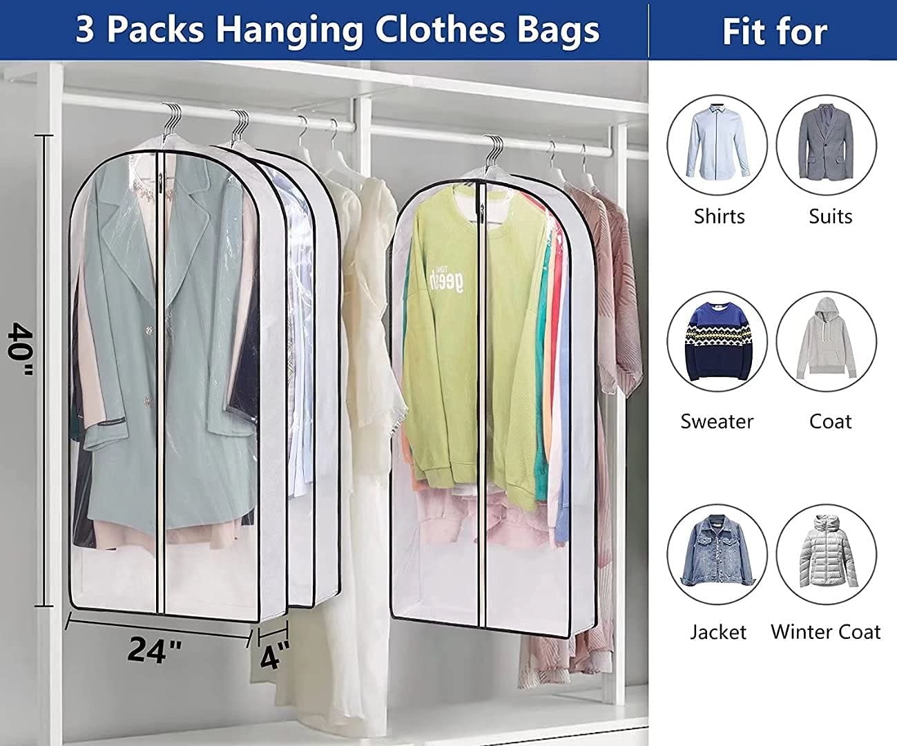 3pcs Garment Bags Clear Zipper Clothes Cover Closet Storage Bag For Coat Jacket