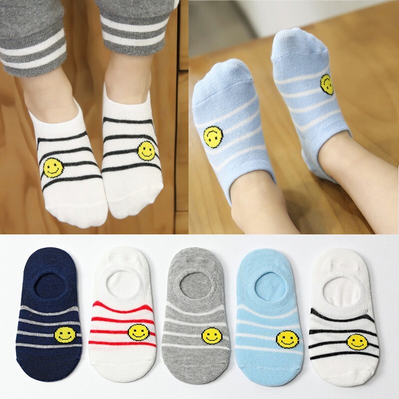 5 Pairs Socks Smile Face Hidden Sock Cotton Kids Ankle Socks(Random Color)