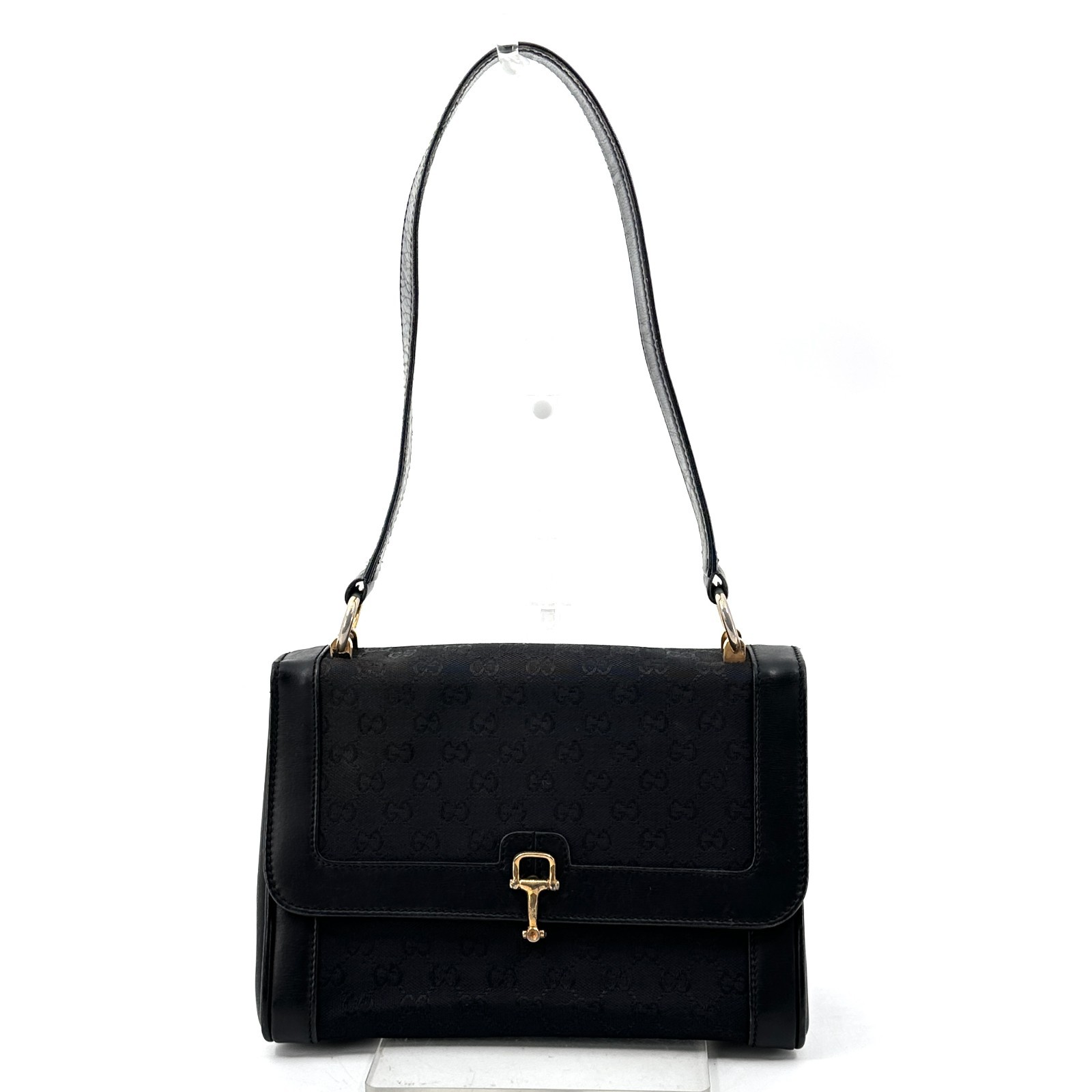 Vintege GUCCI Shoulder Bag GG Horse Bit Black Leather Canvas Auth From Japan