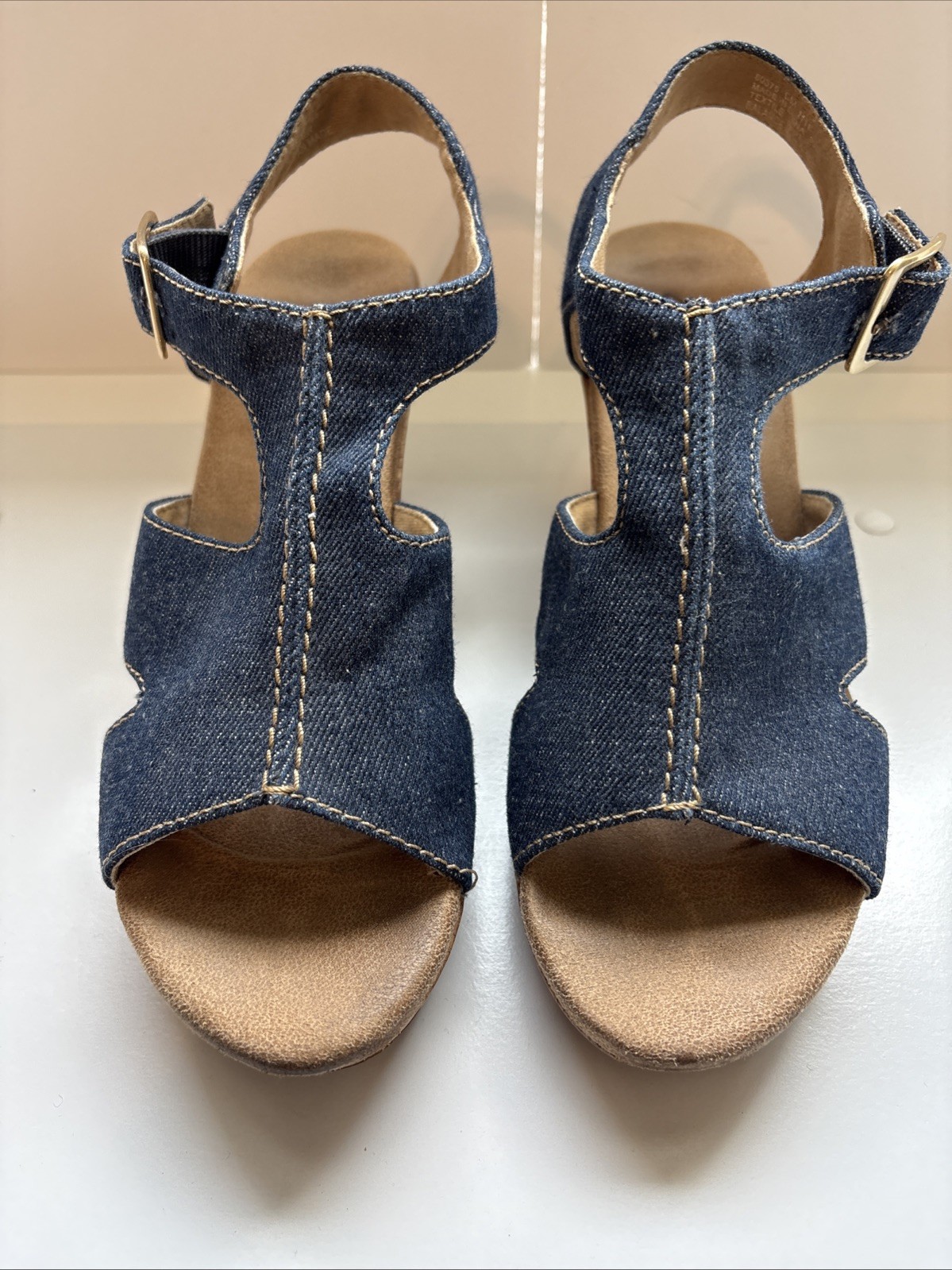 Clarks 6M Sandals Blue Jean Denim Shoes Wedge Cork Heel Topstitch Buckle Strap
