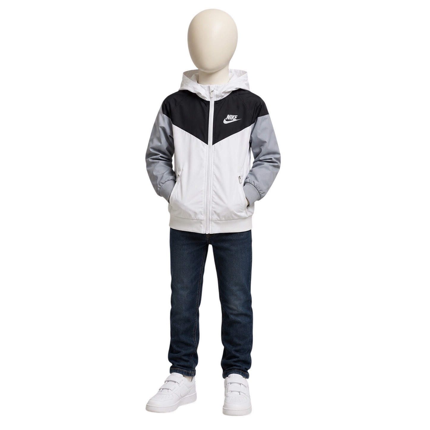 Nike Boys White Black Grey Windrunner Hooded Jacket C663-001 Size 7 6-7YRS
