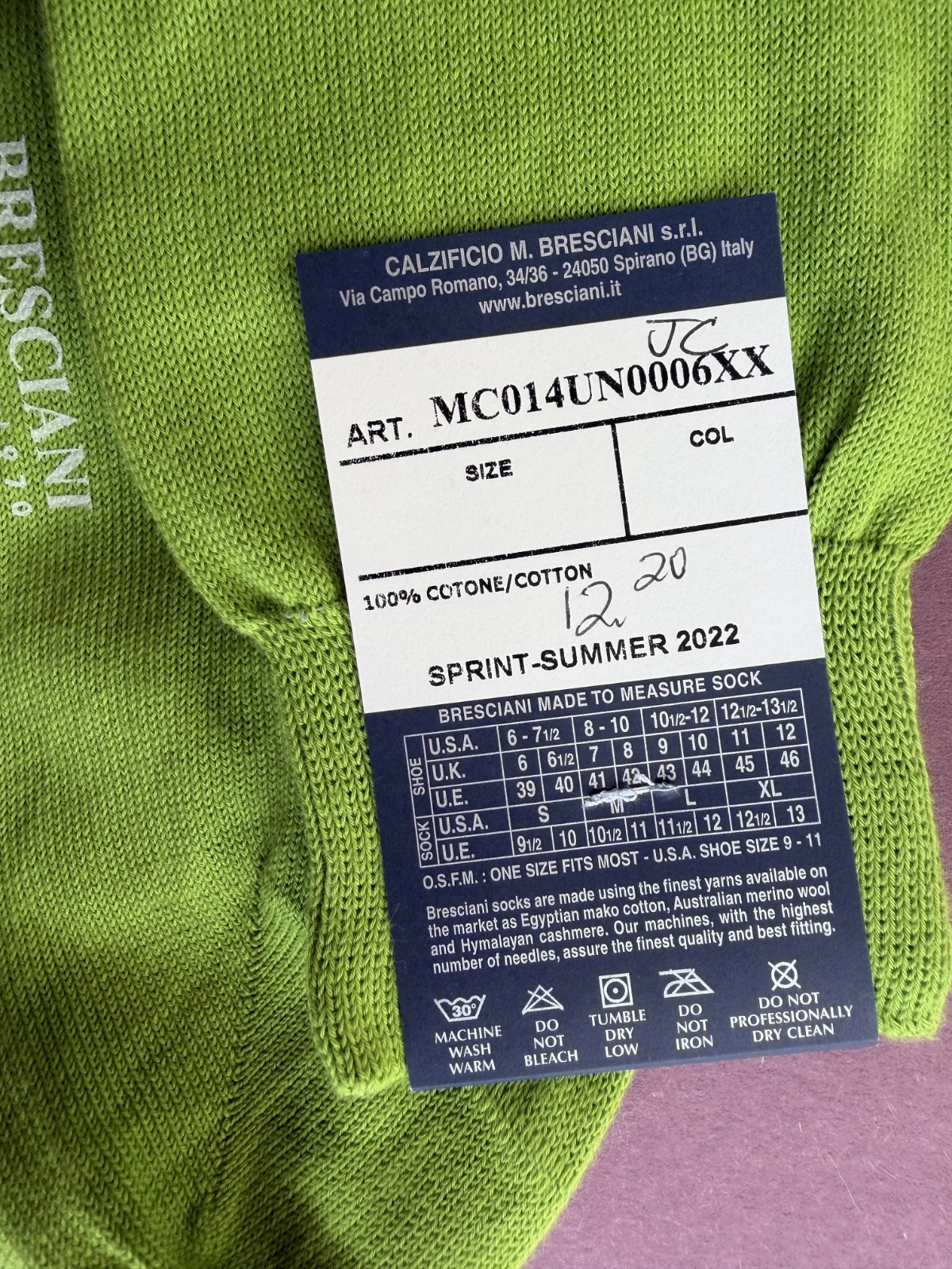 Spring/Summer 2022 Men’s Bresciani Socks NWT Cotton Lime Green Solid